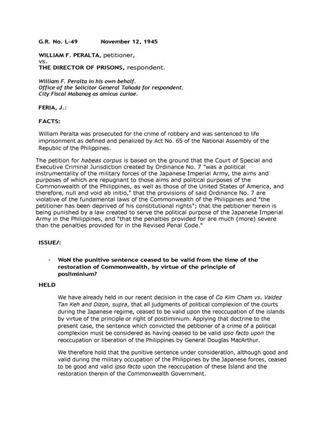 Case Digest: WILLIAM F. PERALTA v. DIRECTOR OF PRISONS.